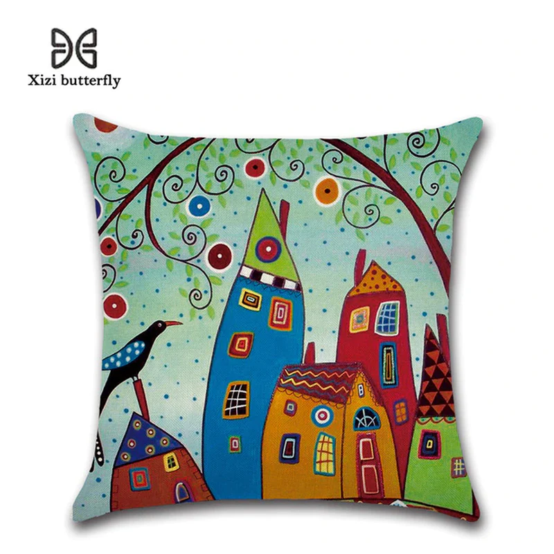 Hand-Painted Retro City Cushion Cover - 45x45cm Linen Throw Pillow cover