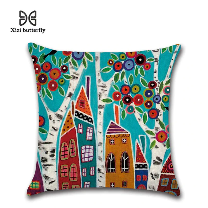 Hand-Painted Retro City Cushion Cover - 45x45cm Linen Throw Pillow cover