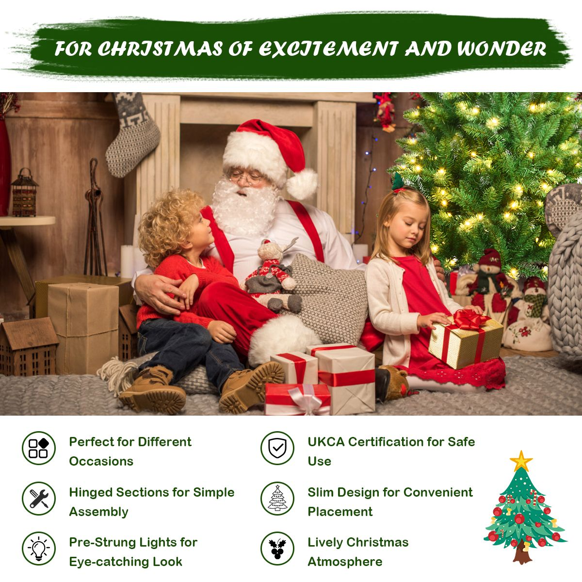 Pre-Lit Pencil Christmas Tree with Warm White UL-Listed Lights for Holiday Cheer