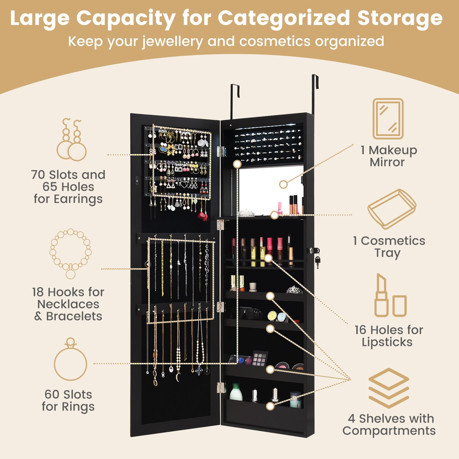 120Cm Full Length Lockable Mirror Jewelry Cabinet with 15 Leds
