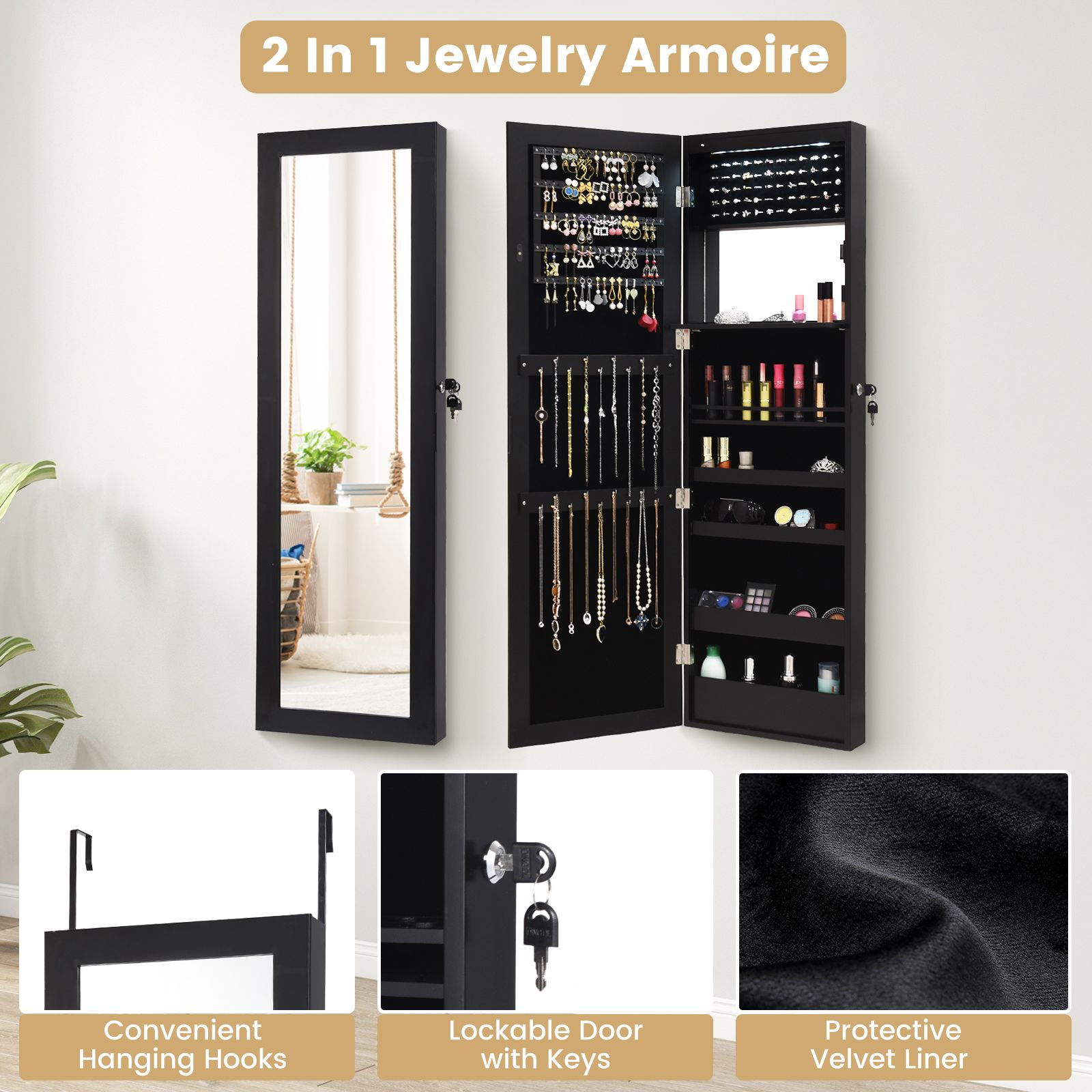120Cm Full Length Lockable Mirror Jewelry Cabinet with 15 Leds