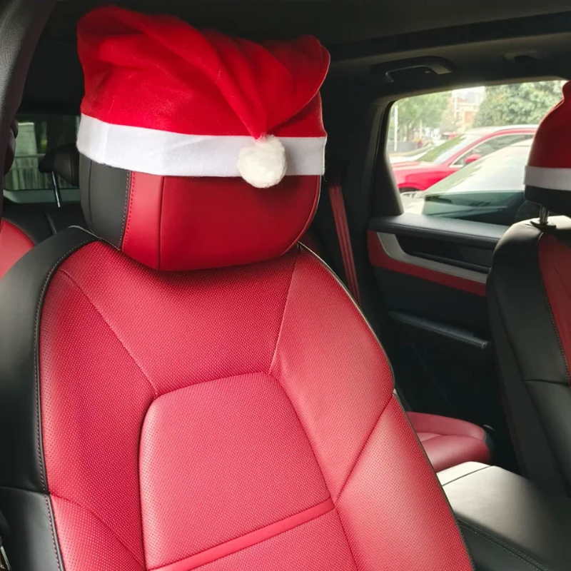 Festive Father Christmas Hat Car Headrest Cover - Holiday Decoration Accessory
