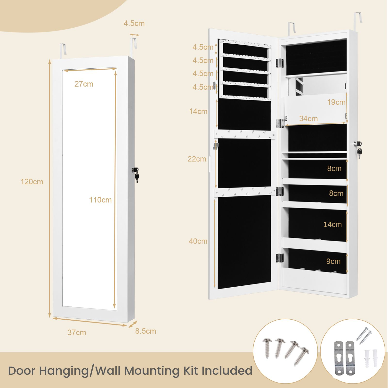 120Cm Full Length Lockable Mirror Jewelry Cabinet with 15 Leds