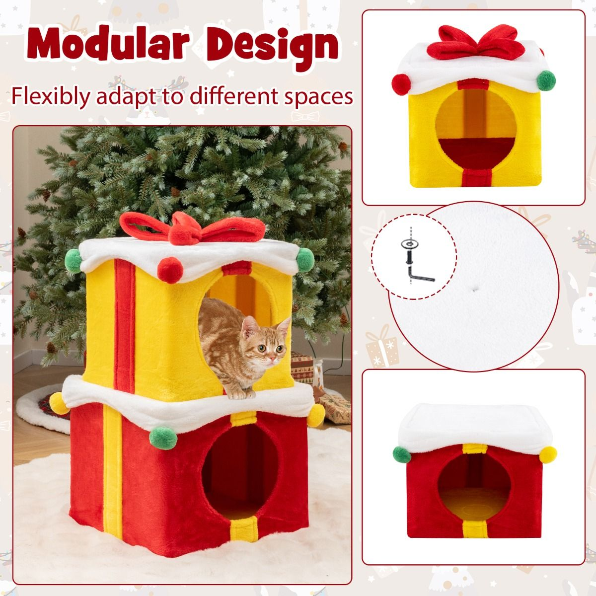 Charming 2-Story Indoor Christmas Cat House with Bow for Cozy Cats