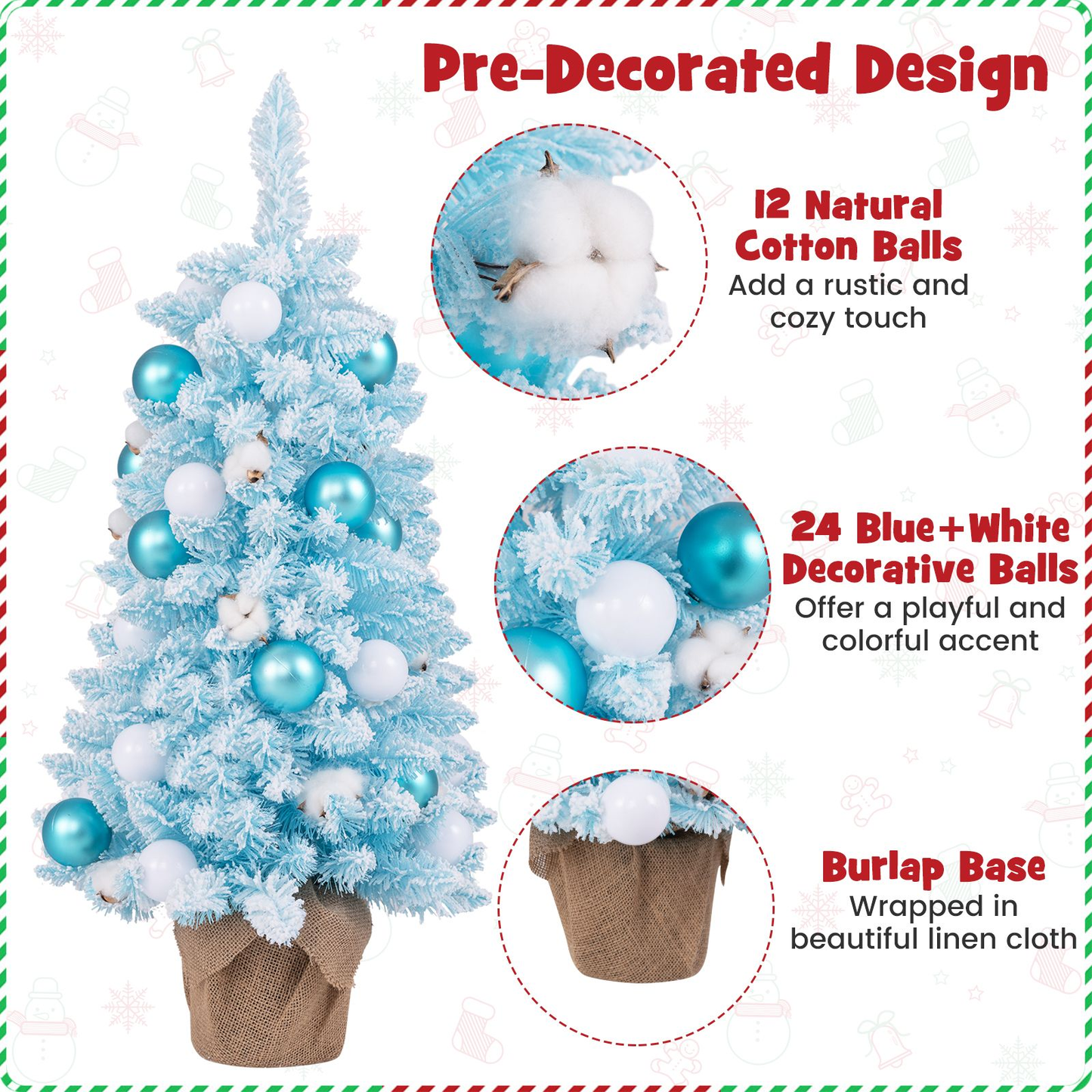 90CM Mini Christmas Tree with 12 Natural Cotton Ball Ornaments