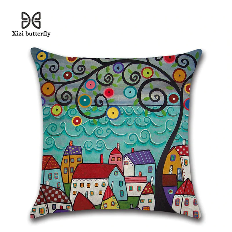 Hand-Painted Retro City Cushion Cover - 45x45cm Linen Throw Pillow cover