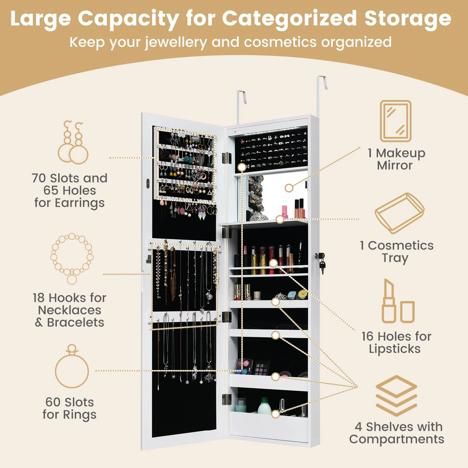 120Cm Full Length Lockable Mirror Jewelry Cabinet with 15 Leds