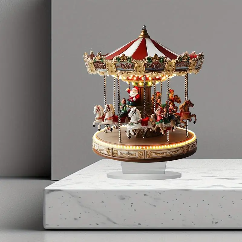 Acrylic Christmas Carousel Village Scene Tabletop Decor Merry-Go-Round