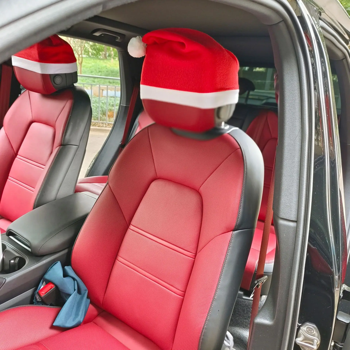 Festive Father Christmas Hat Car Headrest Cover - Holiday Decoration Accessory