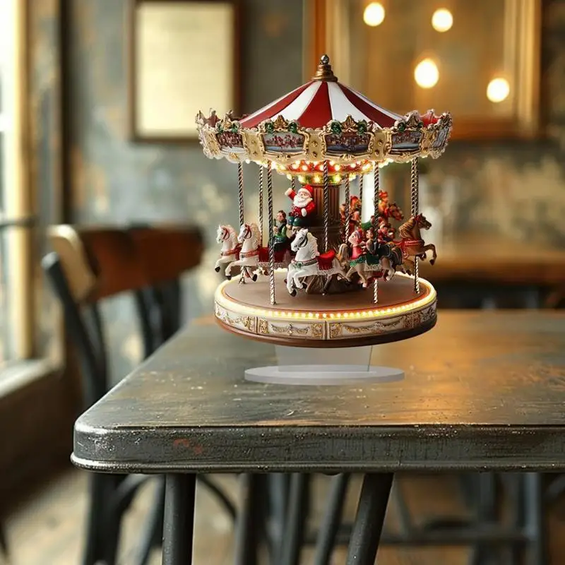 Acrylic Christmas Carousel Village Scene Tabletop Decor Merry-Go-Round