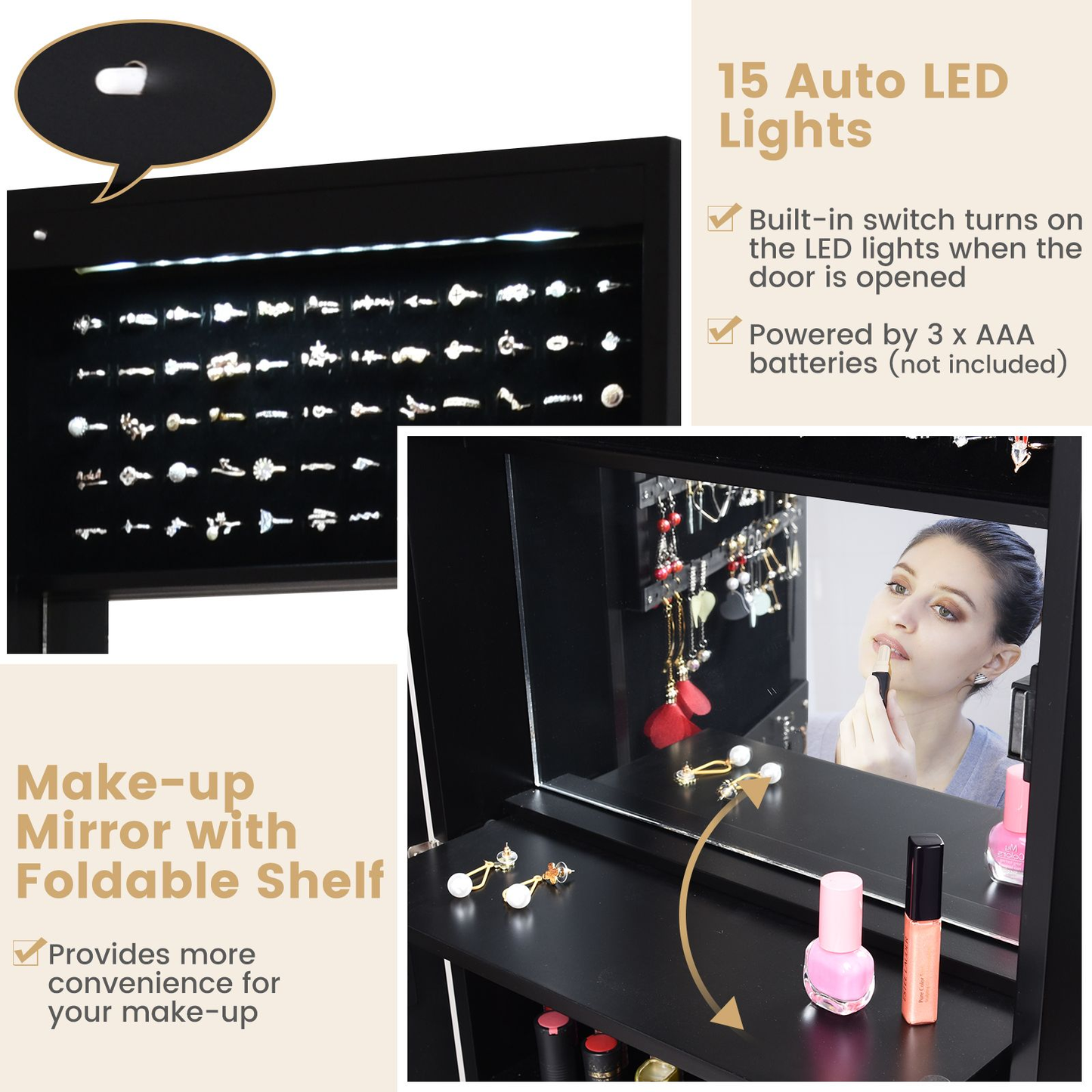 120Cm Full Length Lockable Mirror Jewelry Cabinet with 15 Leds