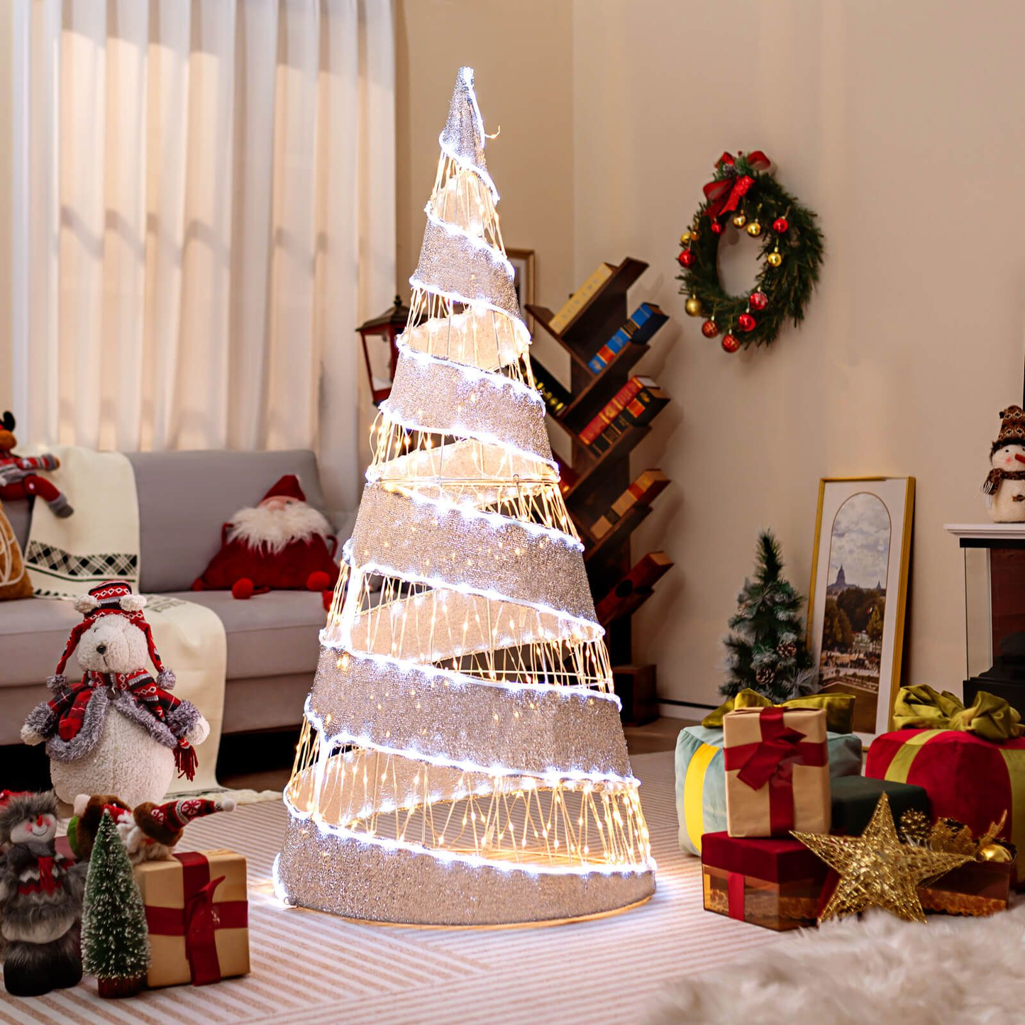 5FT Pre-Lit Christmas Cone Tree with Warm White & White LED Lights