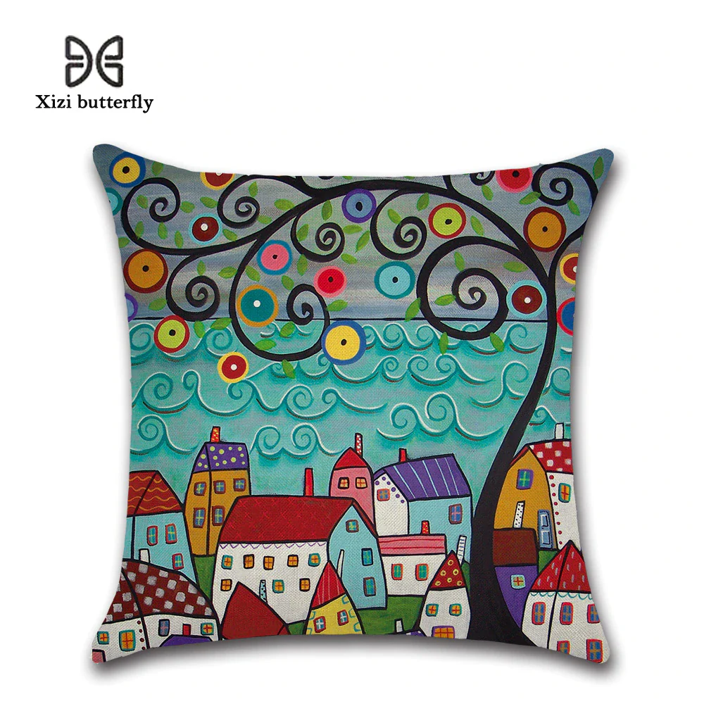 Hand-Painted Retro City Cushion Cover - 45x45cm Linen Throw Pillow cover