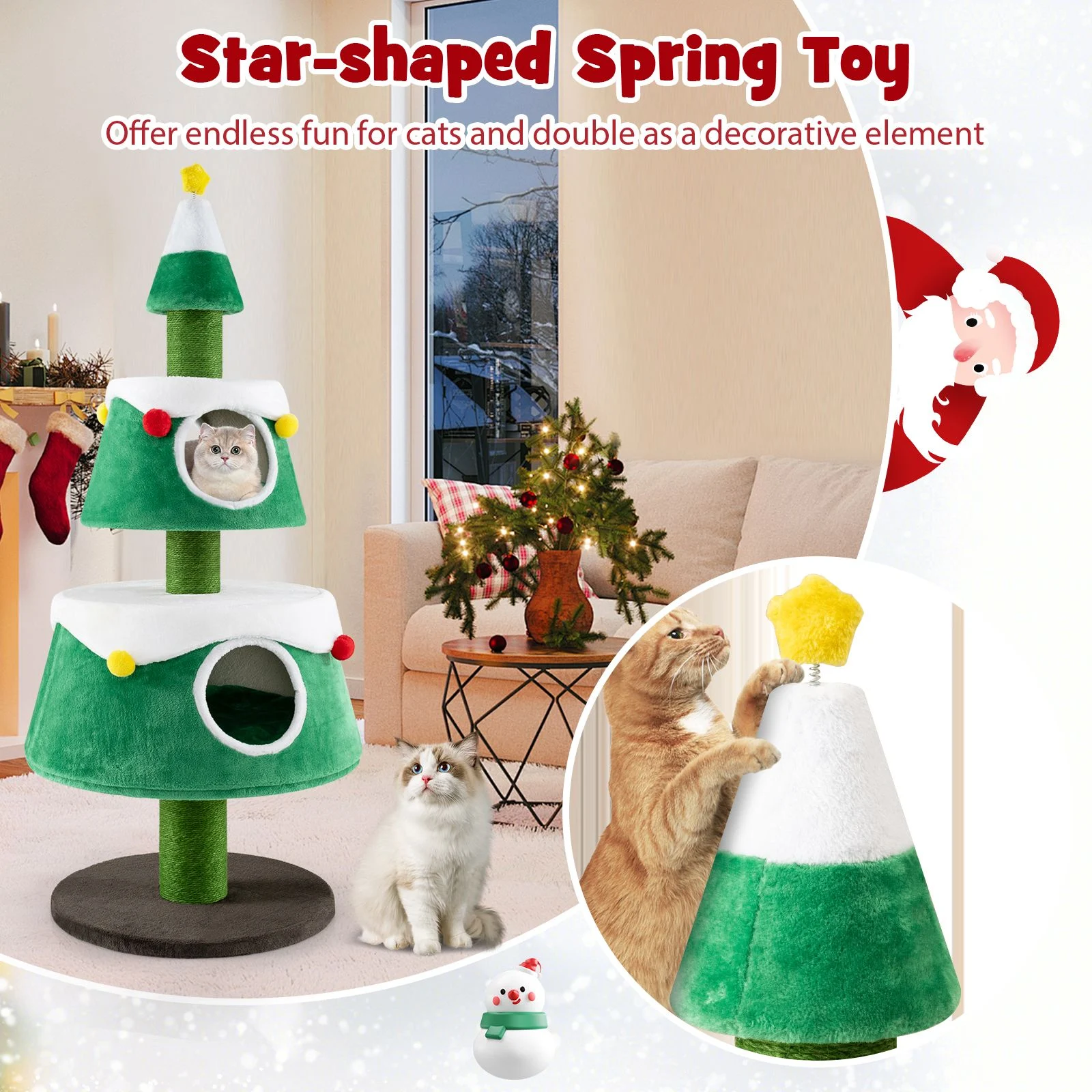 Adorable Christmas Cat Tree with 2 Cosy sections for Indoor Cats