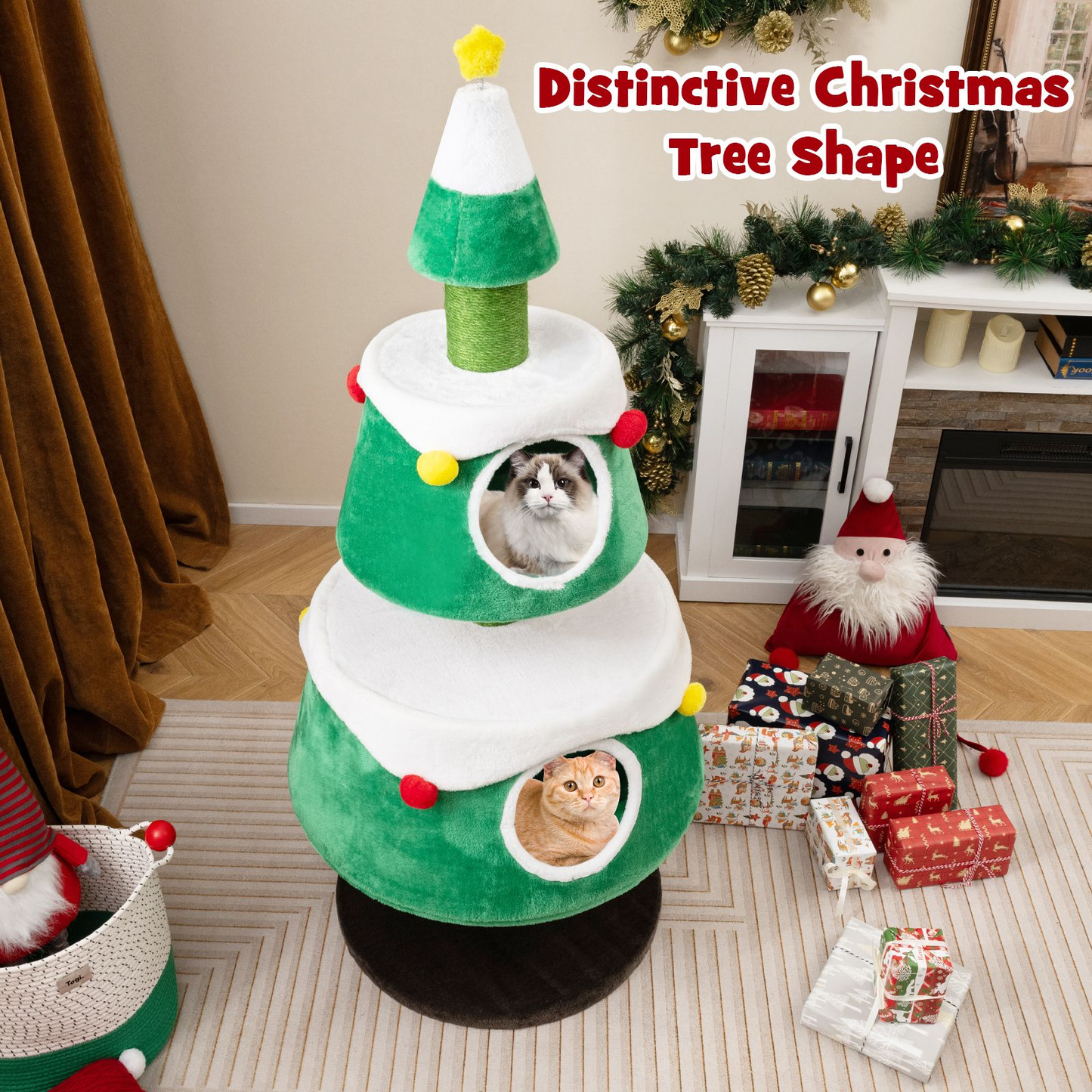 Adorable Christmas Cat Tree with 2 Cosy sections for Indoor Cats