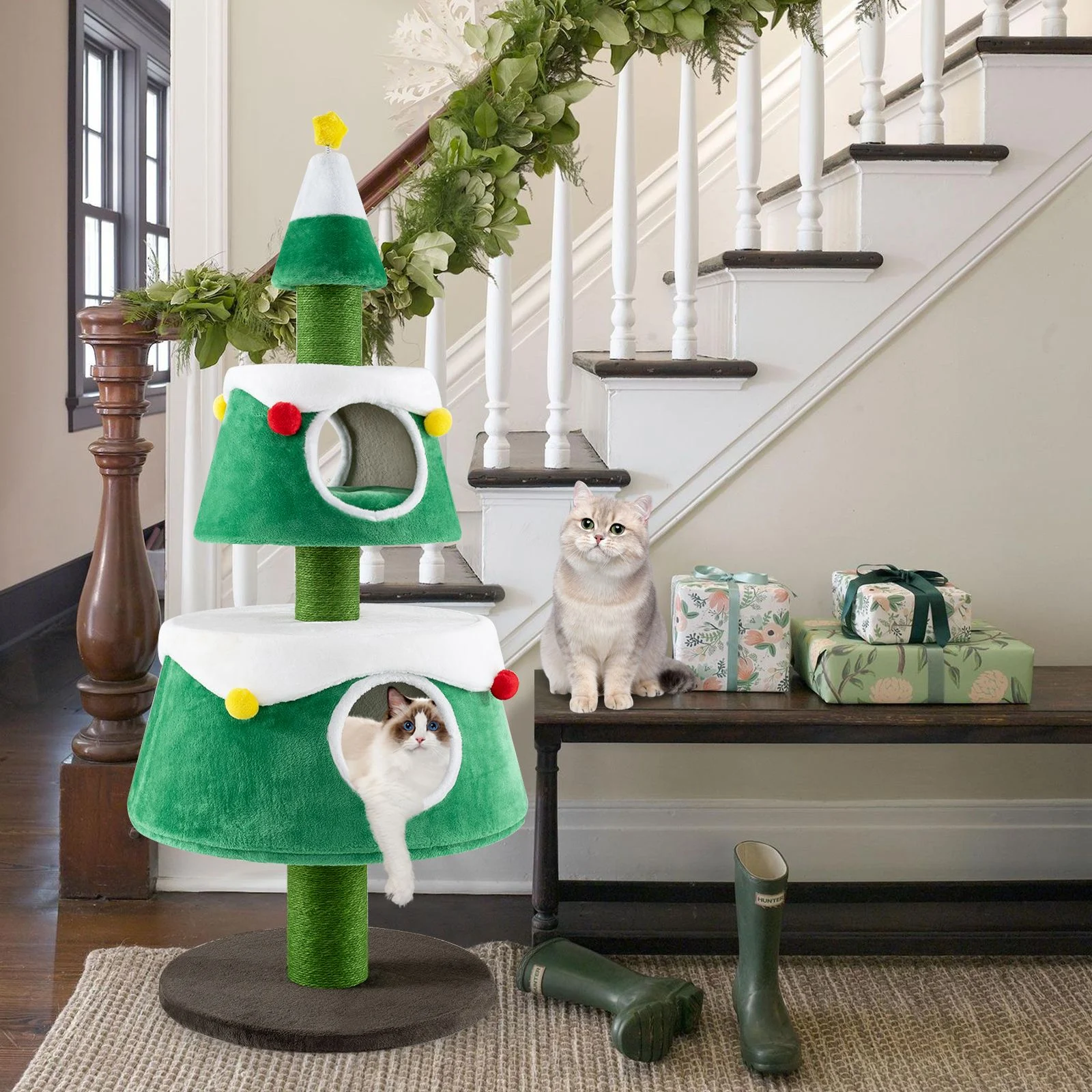 Adorable Christmas Cat Tree with 2 Cosy sections for Indoor Cats