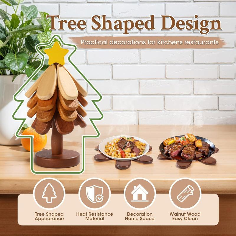 Christmas Tree Wooden Trivet Set - 4 Heat-Resistant Coasters & Stand