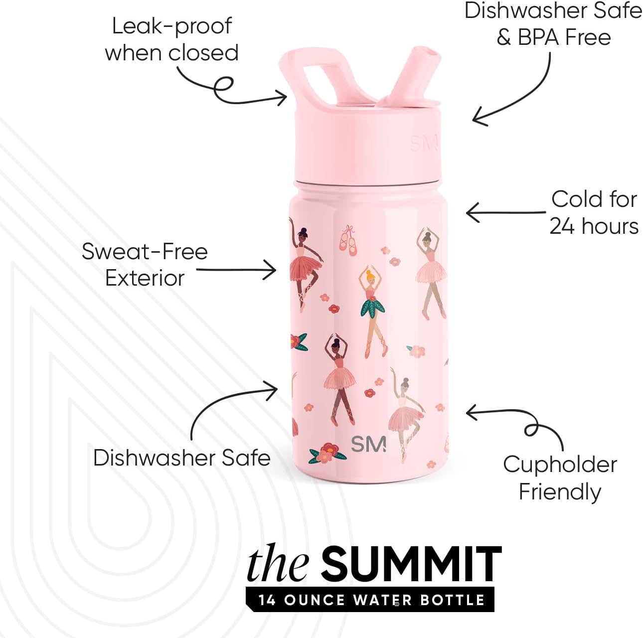 Insulated Kids Water Bottle with Straw - Pink Ballerina, 415ml