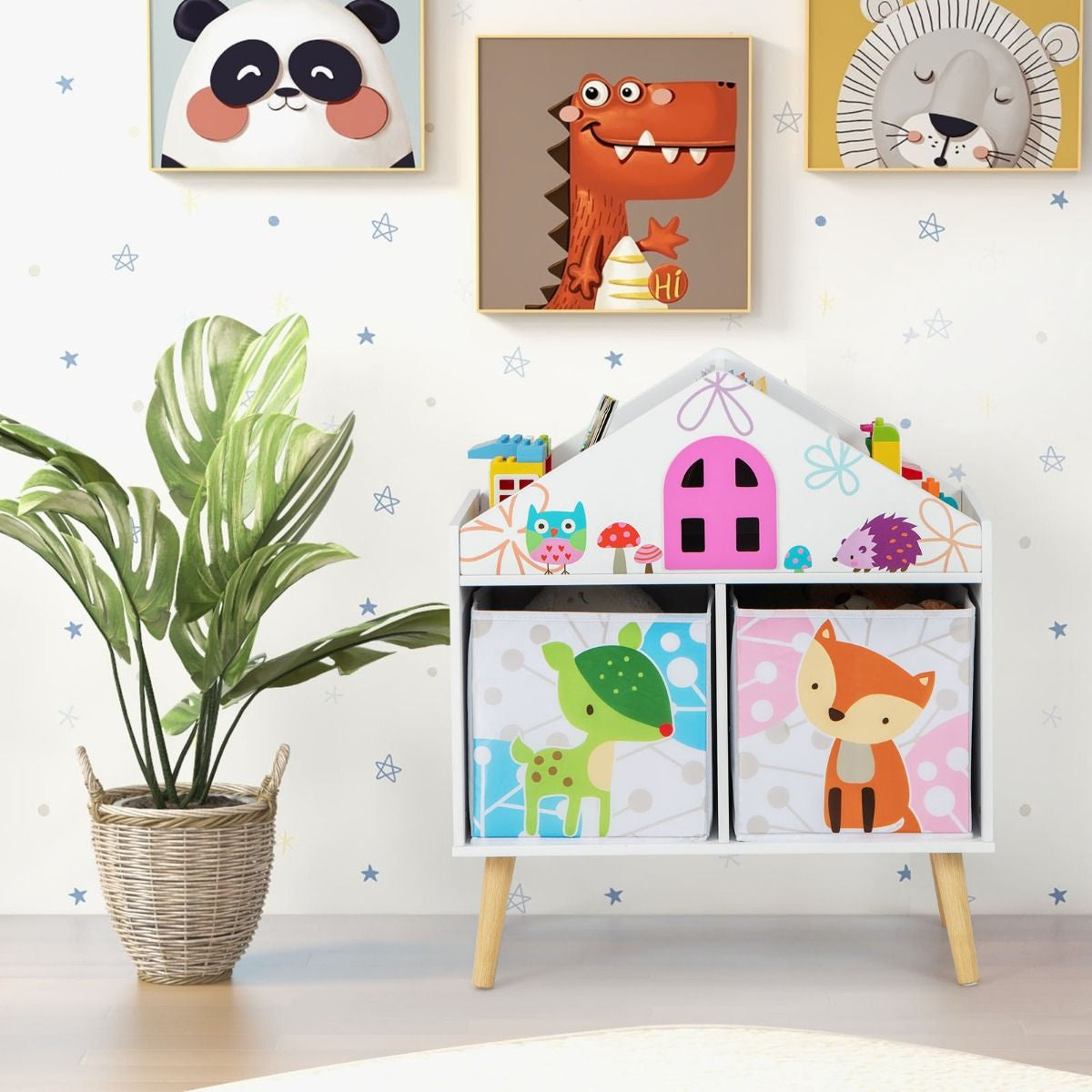 Children's House-Shaped Bookshelf with Two Storage Bins and Elevated Solid Wood Legs