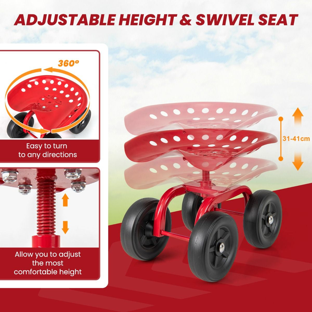 Garden Workseat with 360° Swivel Seat and Adjustable Height
