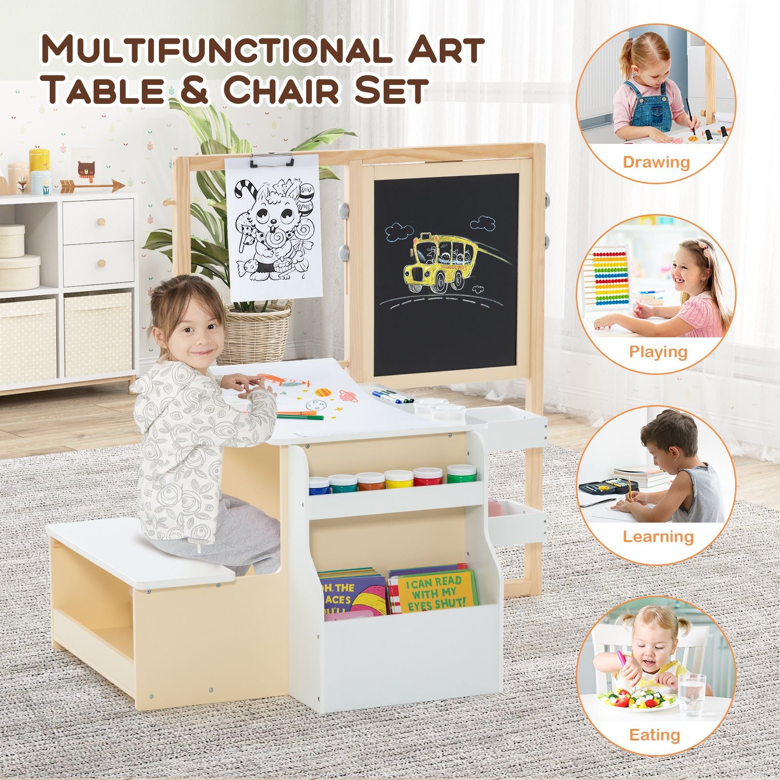 Delightful Children's Art Easel Table and Bench Set with Adjustable Easel and Integrated Bookshelf for Creative Play