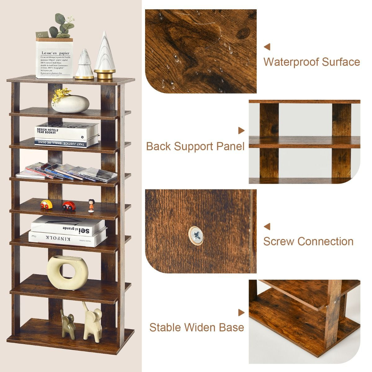 Extra Wide Vertical Wooden Shoe Rack with 7 Shelves