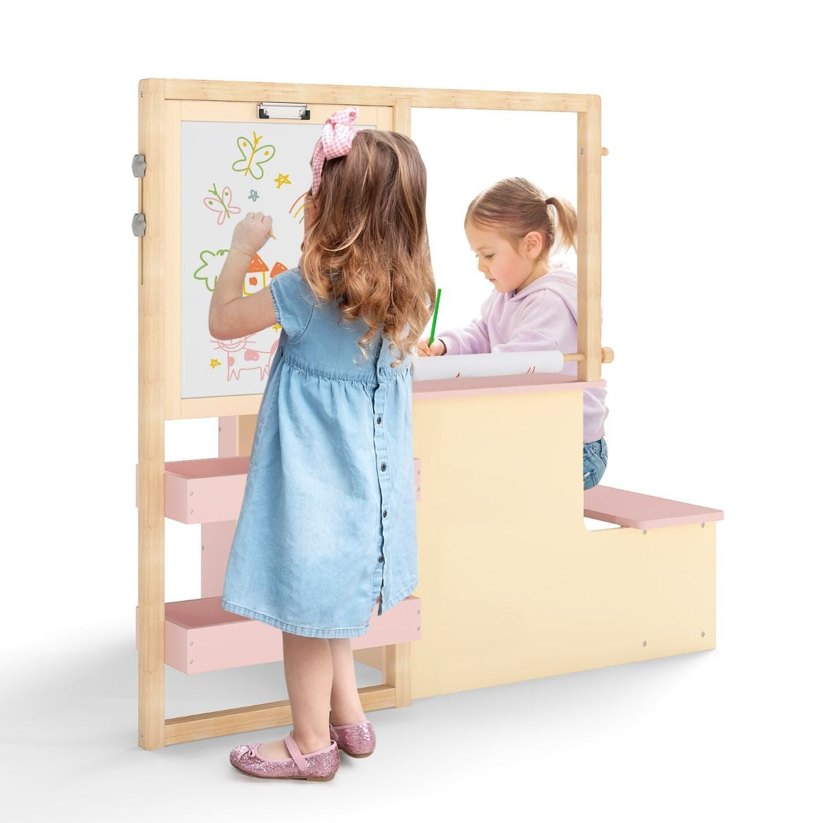 Delightful Children's Art Easel Table and Bench Set with Adjustable Easel and Integrated Bookshelf for Creative Play