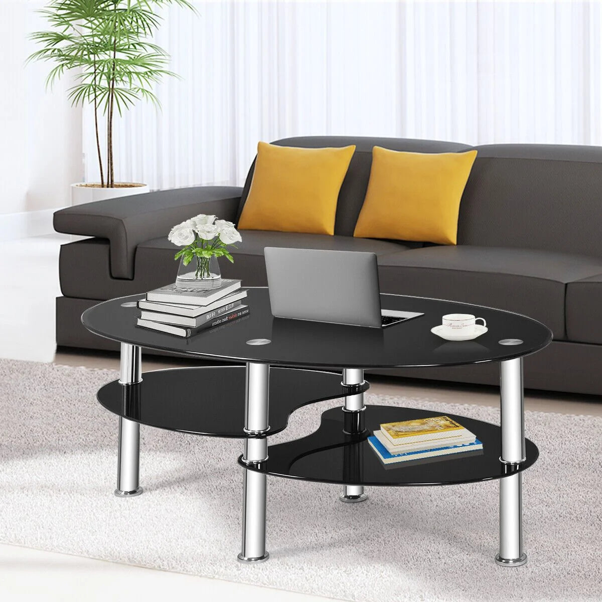 Three-Tier Tempered Glass Coffee Table with Two Shelves