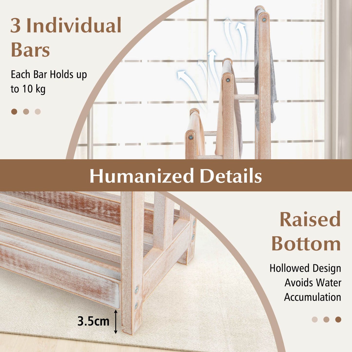 Freestanding Wood Towel Rack with 3 Individual Bars and Bottom Storage Shelf