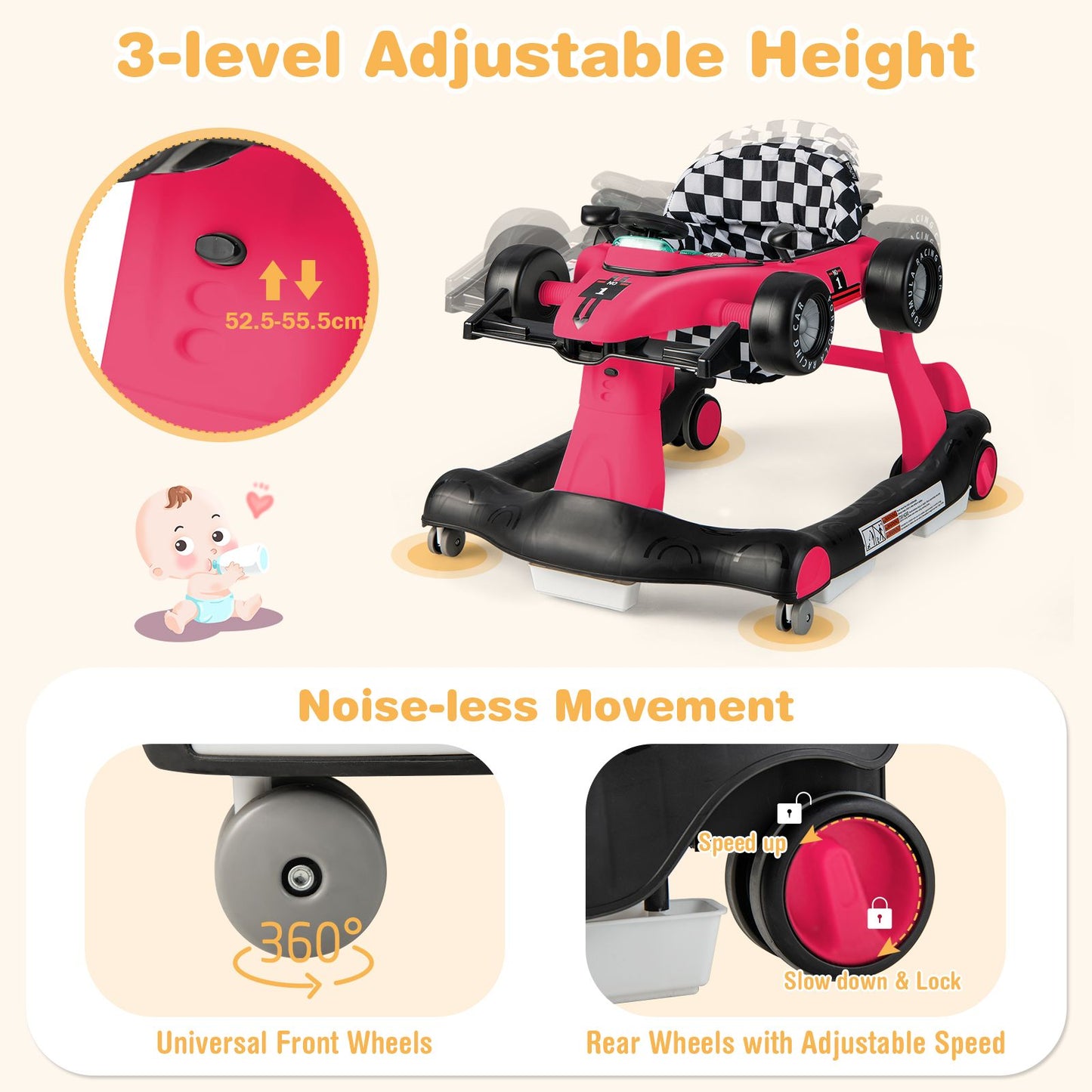 4-In-1 Baby Push Walker with Adjustable Height and Speed