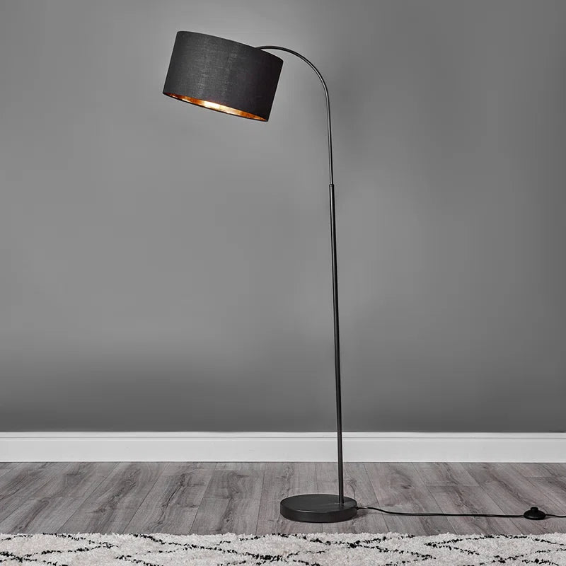 Elegant 155 cm Curva Trend Black Floor Lamp with Reni Large Black & Gold Drum Shade