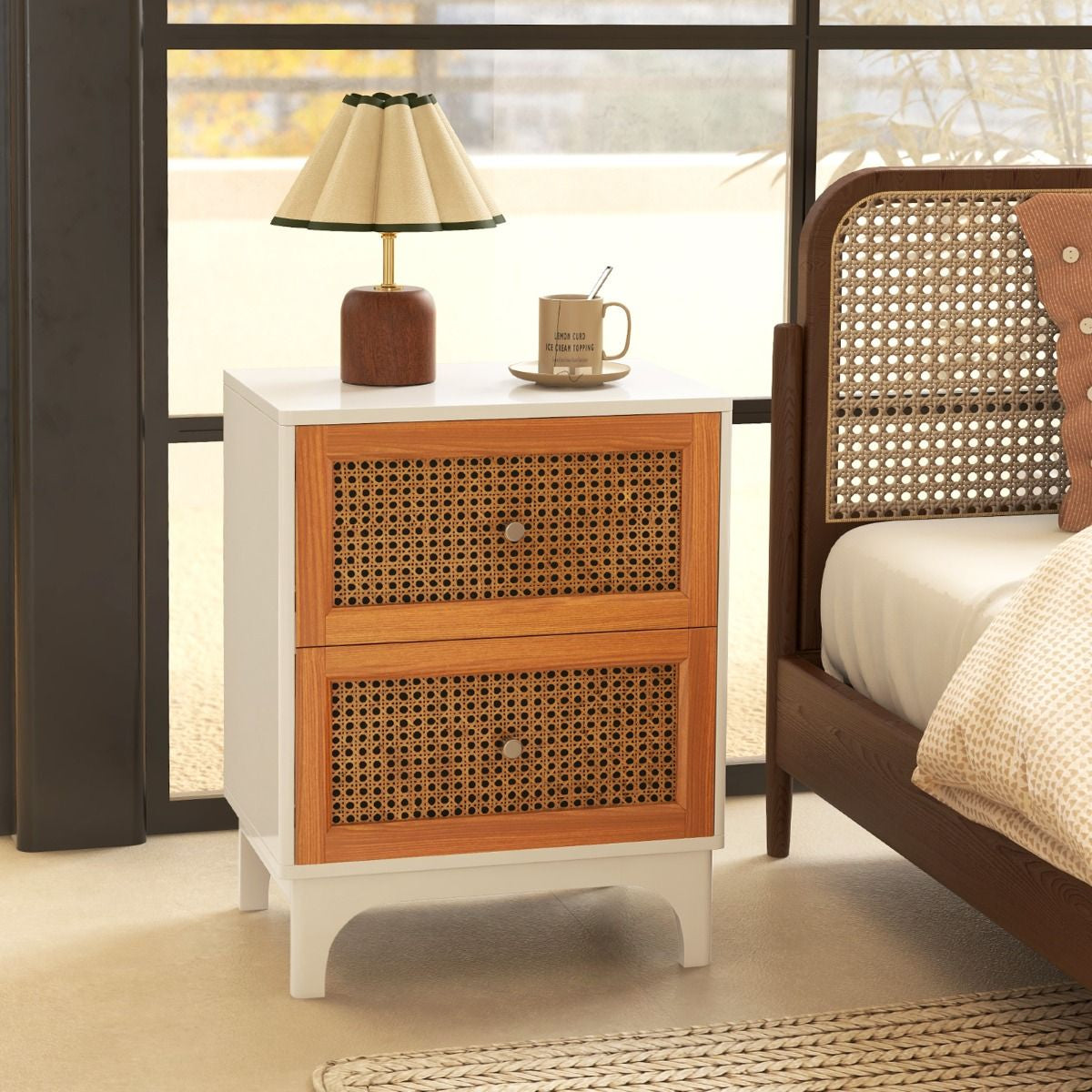 Bohemian Accent Table Featuring Two Handwoven Rattan-Decorated Drawers