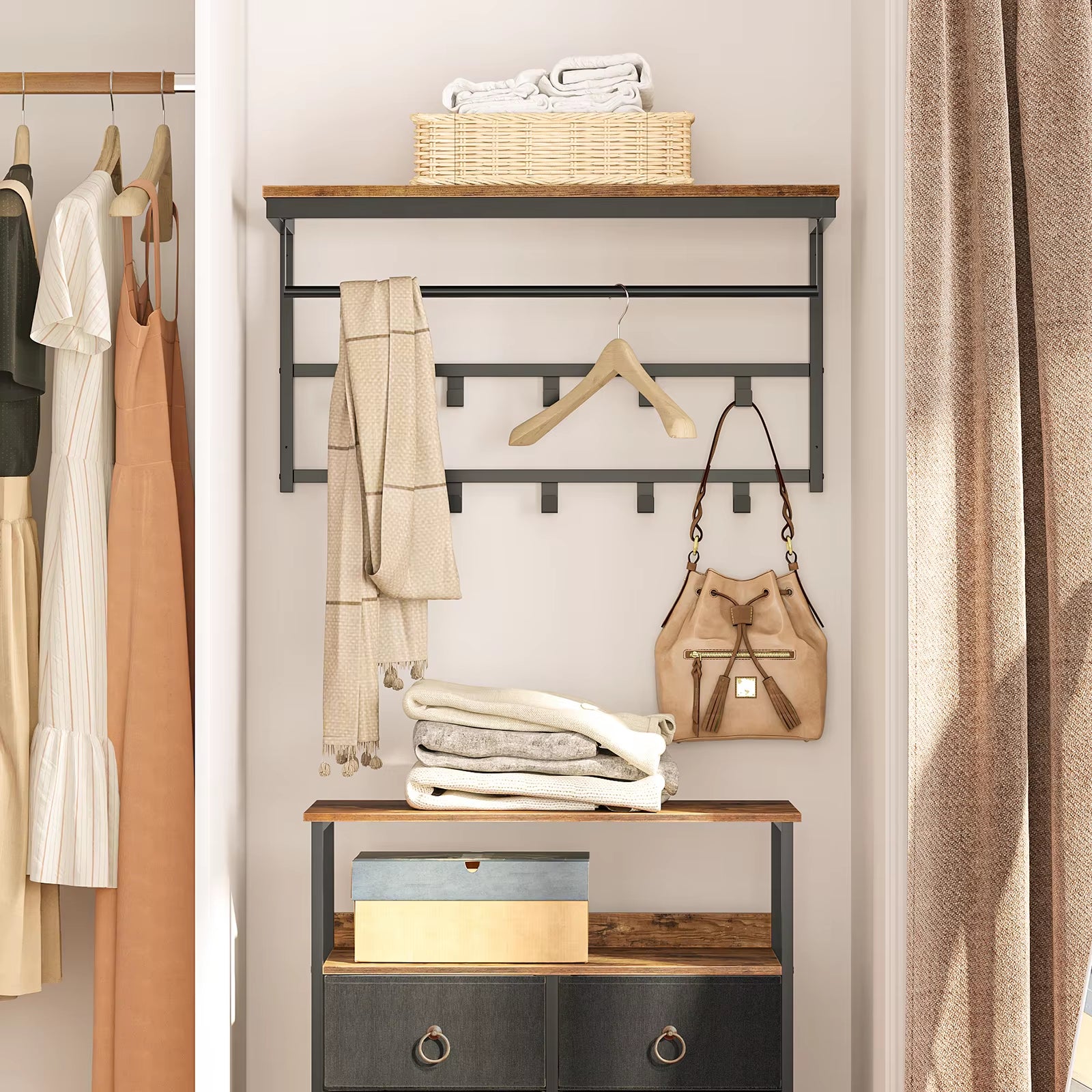 Coat Rack Wall-Mounted, Coat Hook with 10 Hooks and Shelf Hanging Rail, for Entryway, Bathroom, Living Room, Laundry Room