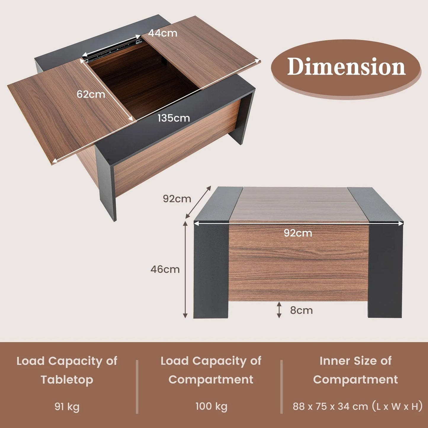 92cm Square Coffee Table with Sliding Top and Concealed Storage Compartment