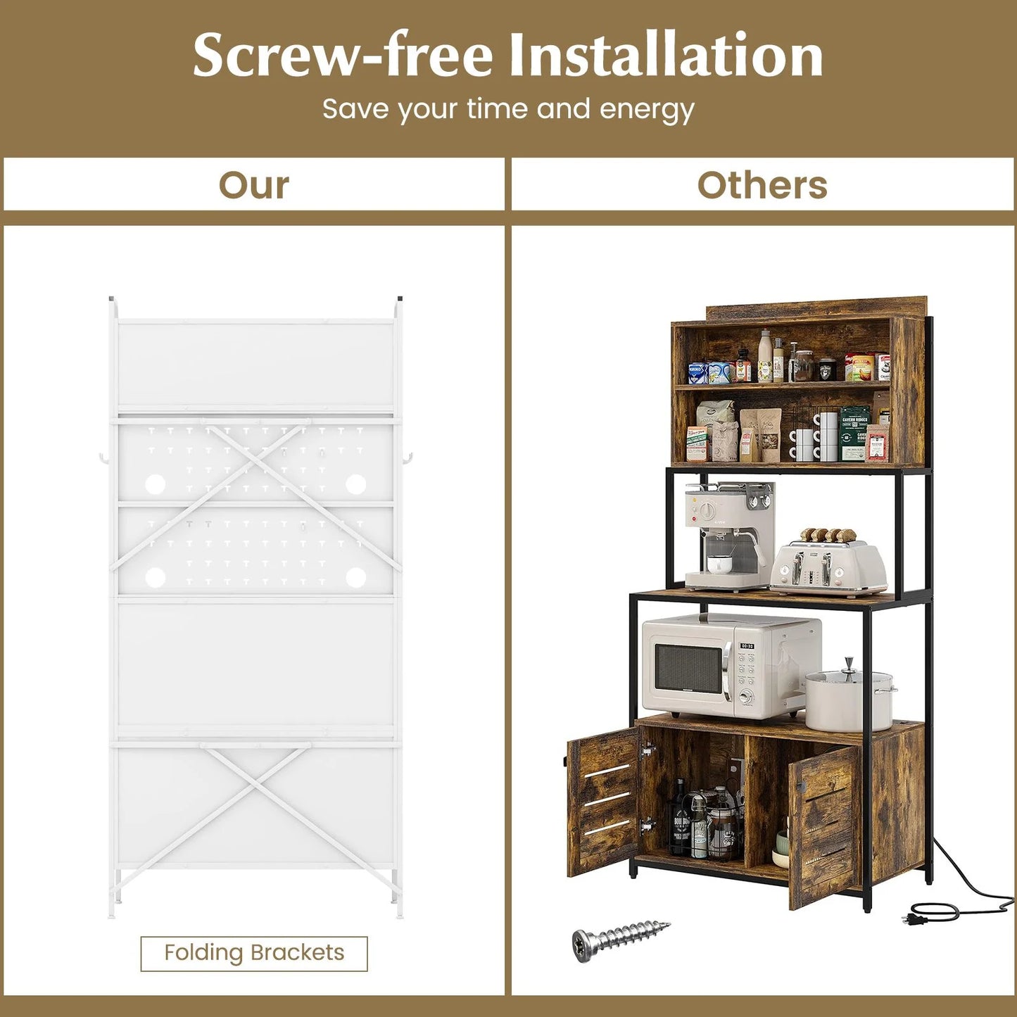 Freestanding Kitchen Pantry Storage Cabinet with Integrated Pegboard Baker Rack