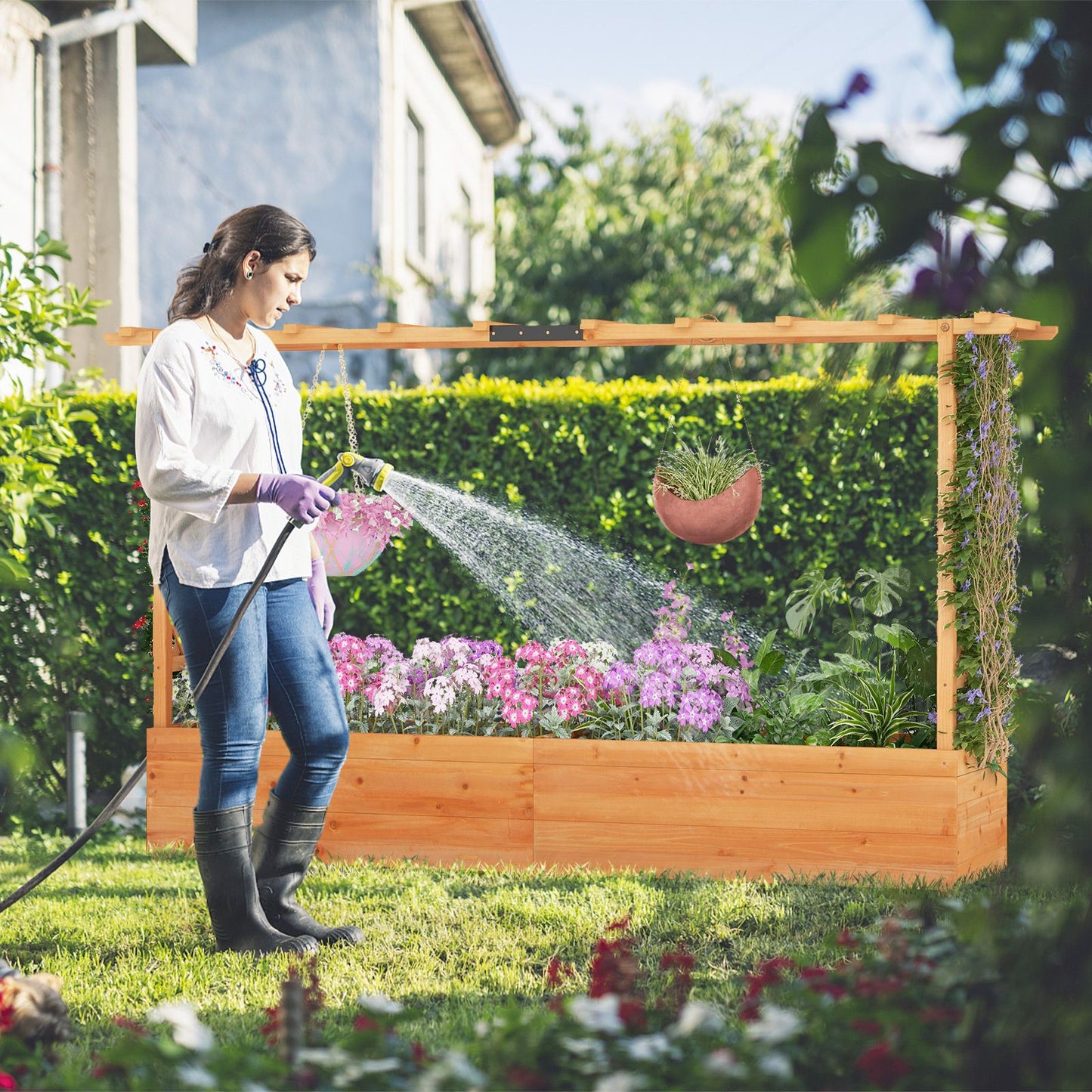 Elevated Garden Bed with Dual Trellis System and Canopy Roof