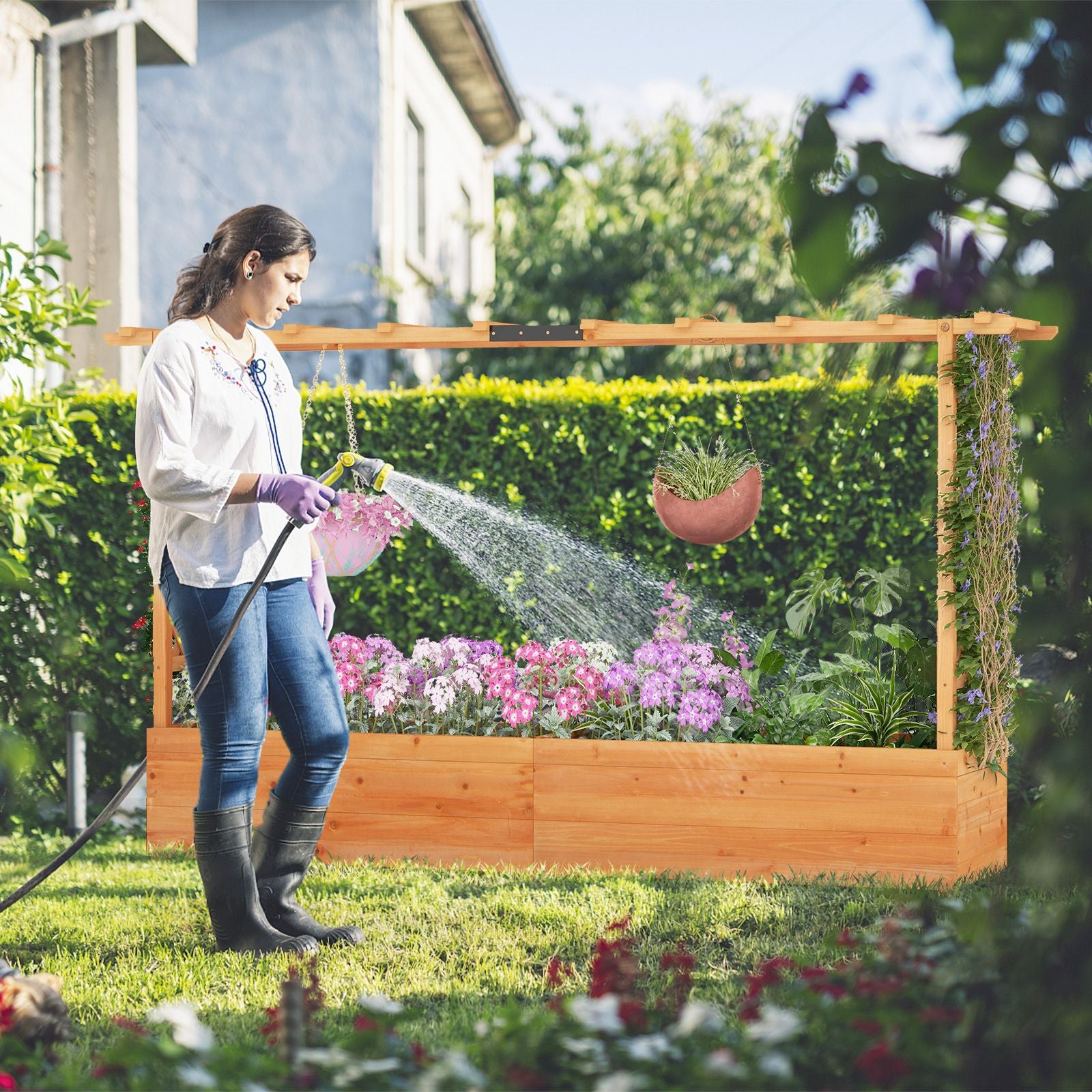 Elevated Garden Bed with Dual Trellis System and Canopy Roof