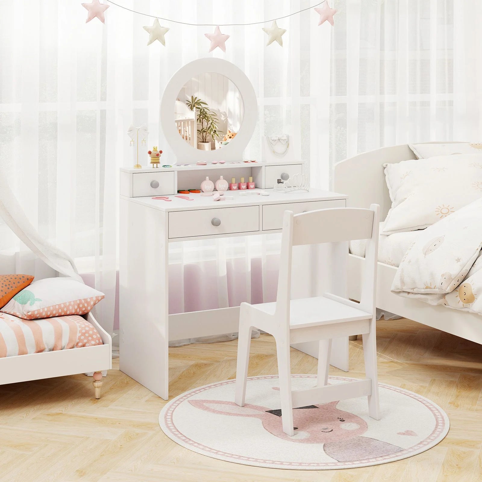 Children's Vanity Set Featuring Open Shelf and Four Storage Drawers