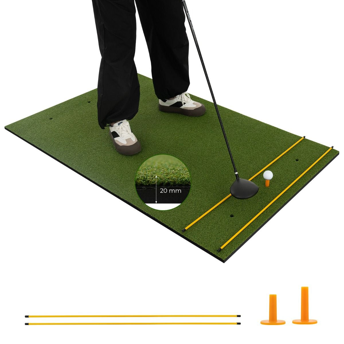 20mm Golf Hitting Mat with 2 Rubber Tees and 2 Alignment Sticks