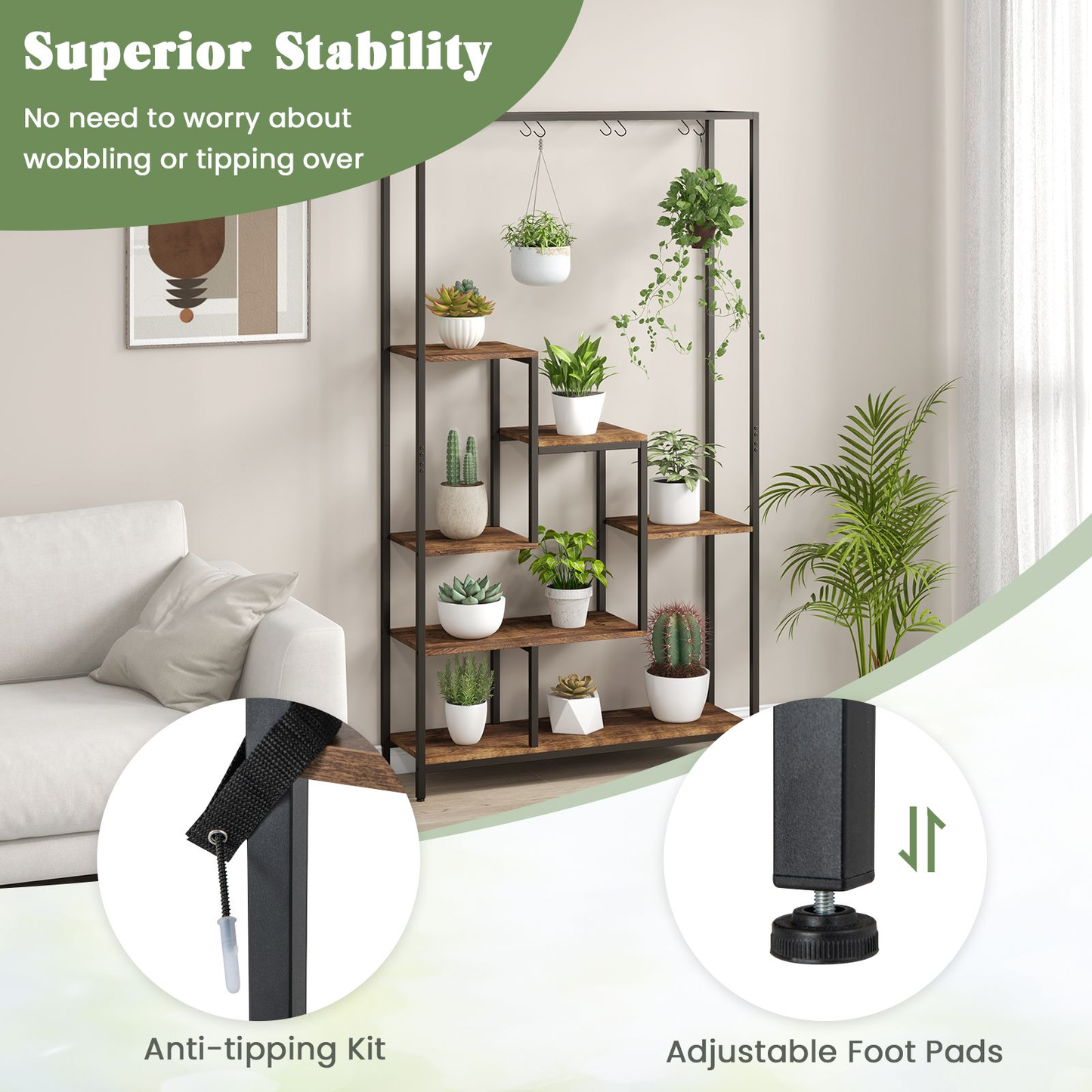6-Tier Vertical Plant Stand with 10 Hooks and Wire Shelf for Enhanced Plant Display