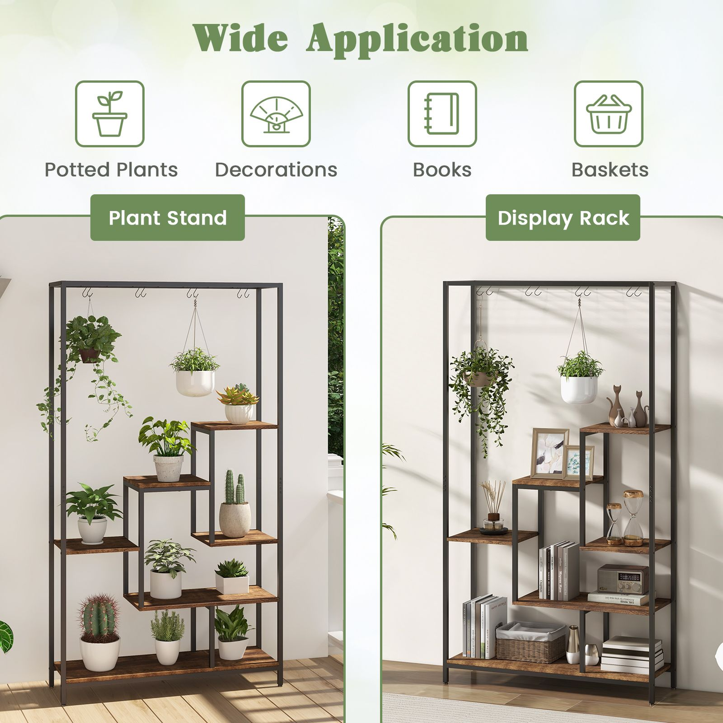 6-Tier Vertical Plant Stand with 10 Hooks and Wire Shelf for Enhanced Plant Display