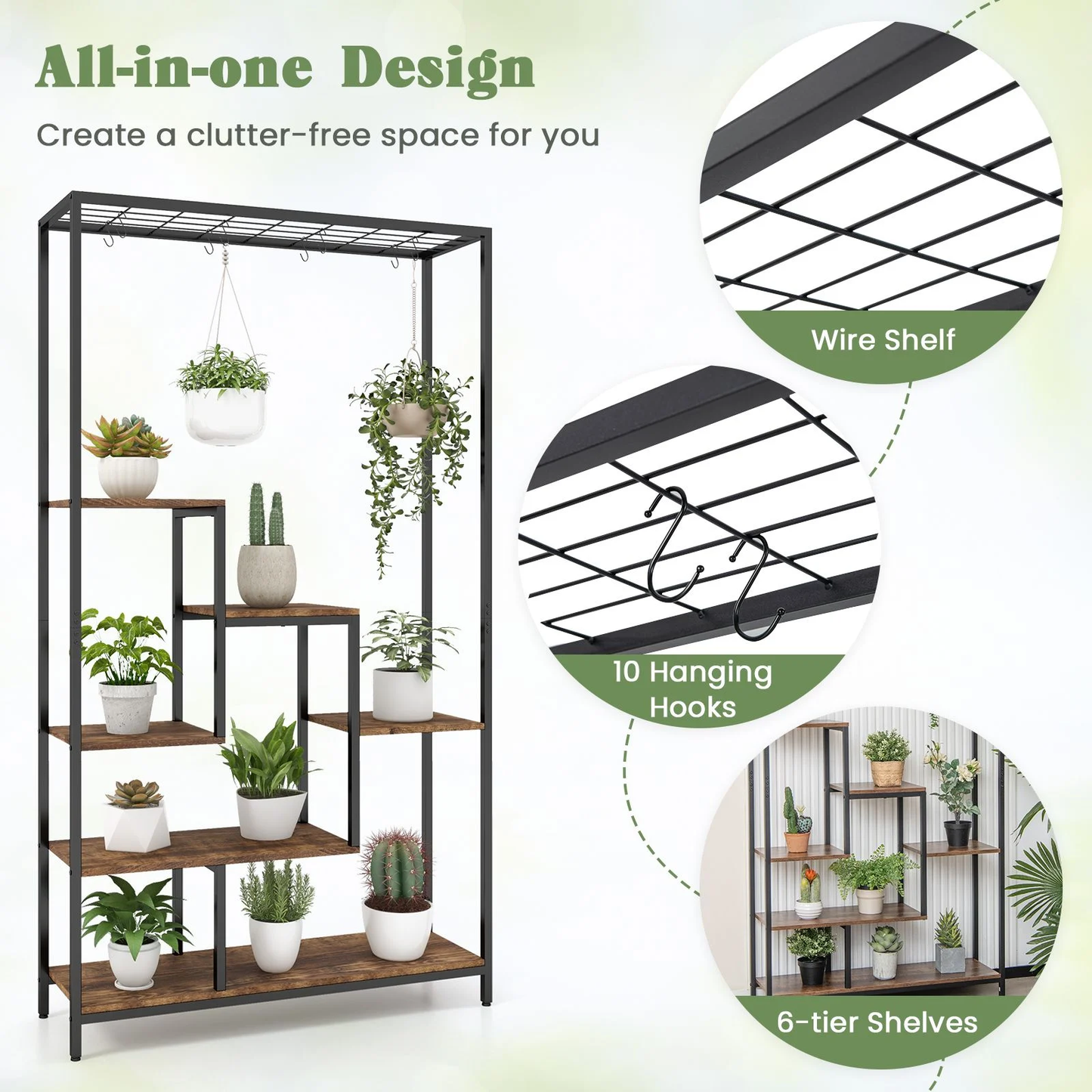 6-Tier Vertical Plant Stand with 10 Hooks and Wire Shelf for Enhanced Plant Display