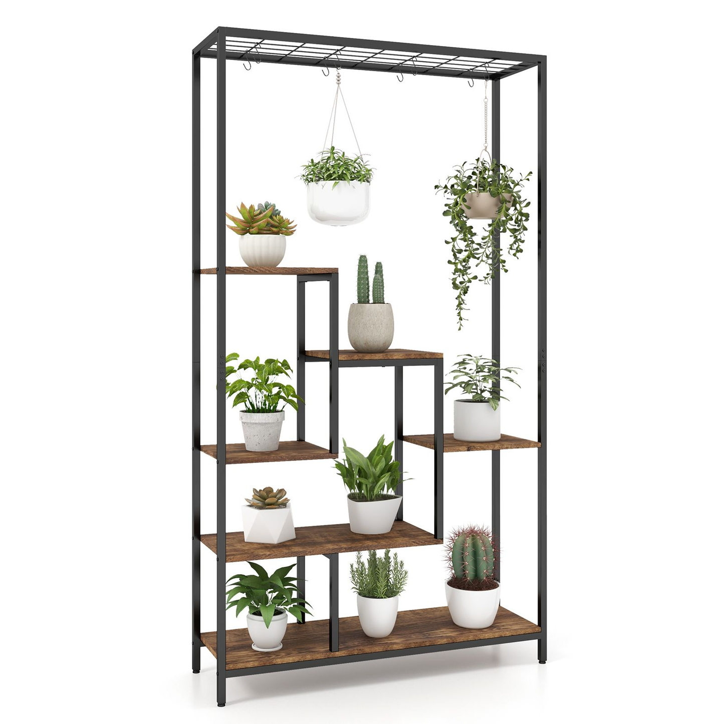 6-Tier Vertical Plant Stand with 10 Hooks and Wire Shelf for Enhanced Plant Display