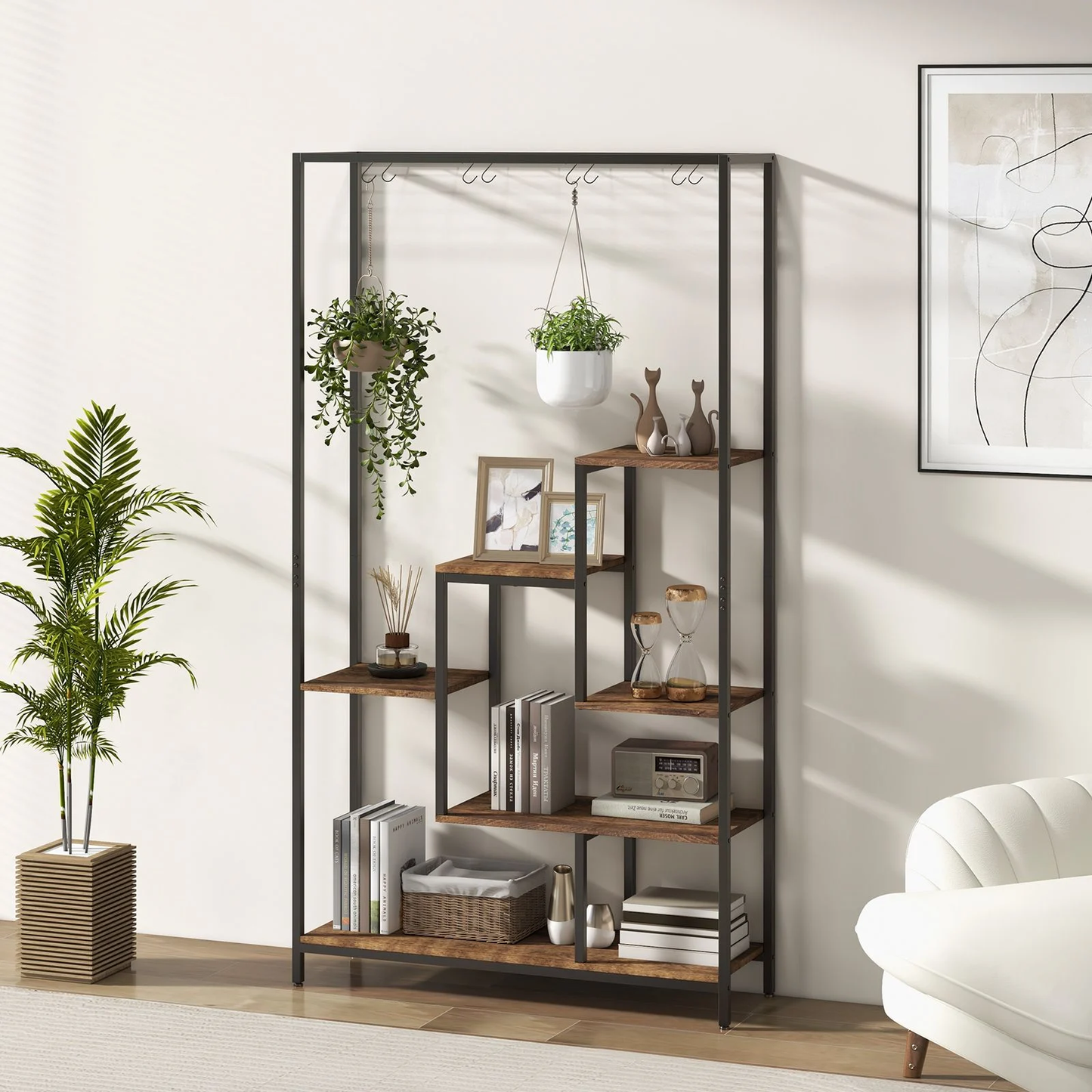 6-Tier Vertical Plant Stand with 10 Hooks and Wire Shelf for Enhanced Plant Display