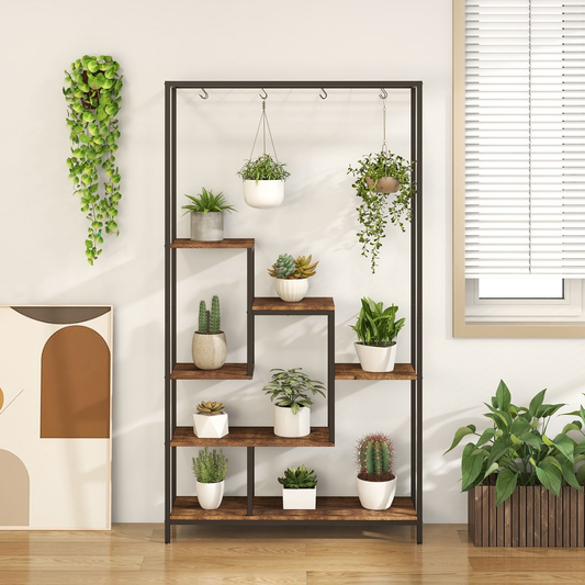 6-Tier Vertical Plant Stand with 10 Hooks and Wire Shelf for Enhanced Plant Display