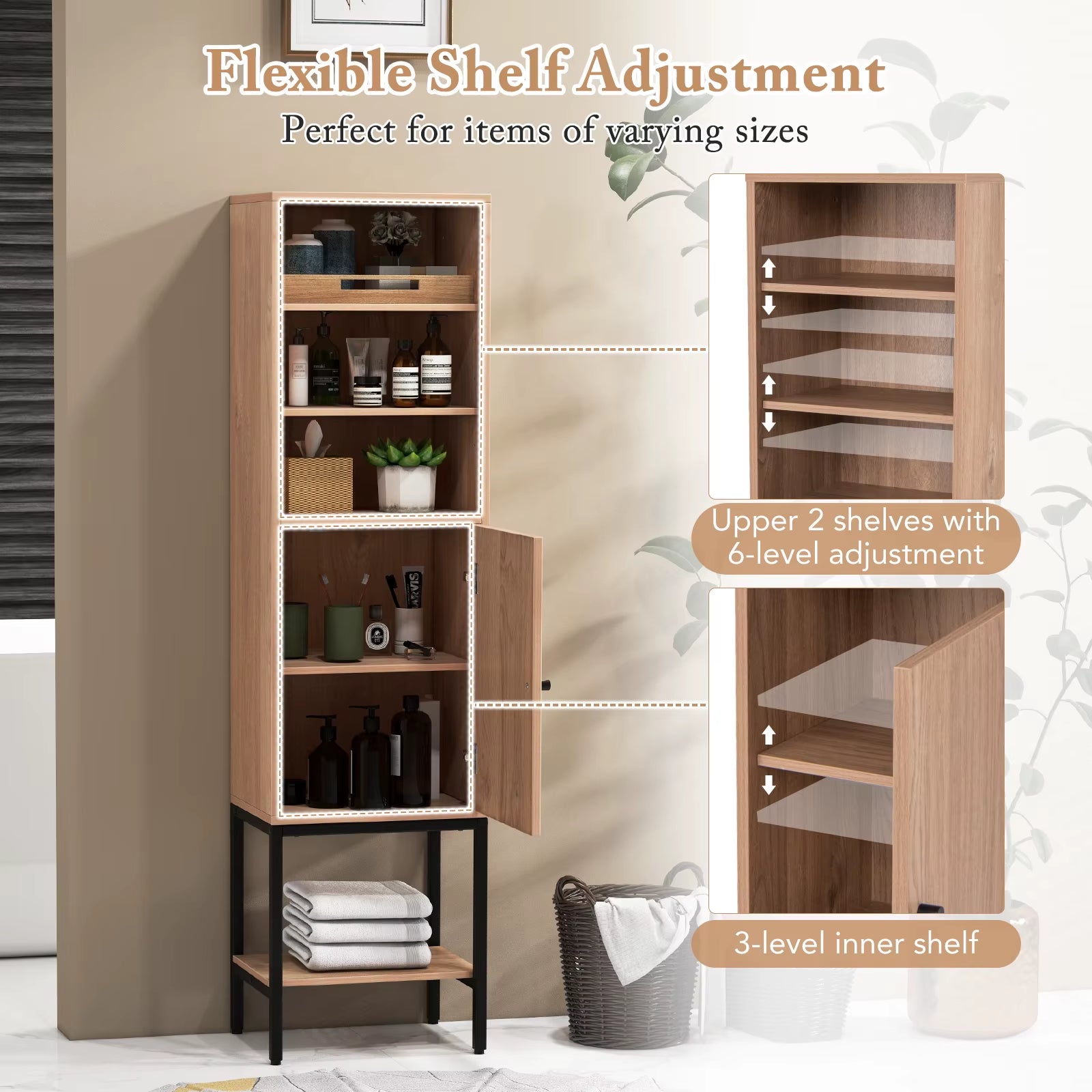 Freestanding Storage Cabinet, Tall Pantry Cupboard W/ 3 Open Shelves, Single-Door Cabinet, Anti-Tipping Kit