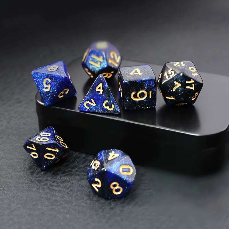 Elevate Your Gaming Experience with the 7-Piece Black and Blue Starry Sky D&D Dice Set - Perfect for Dungeons & Dragons and RPGs!