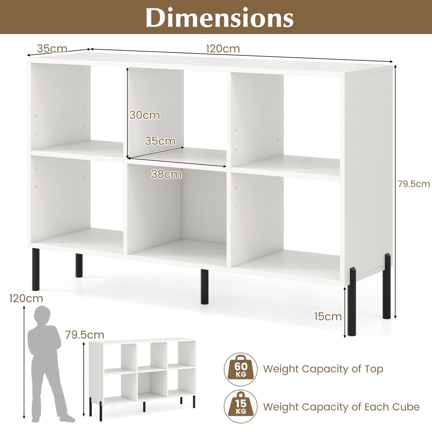 6-Cube Storage Bookcase Wooden Open Bookshelf with 5 Metal Legs