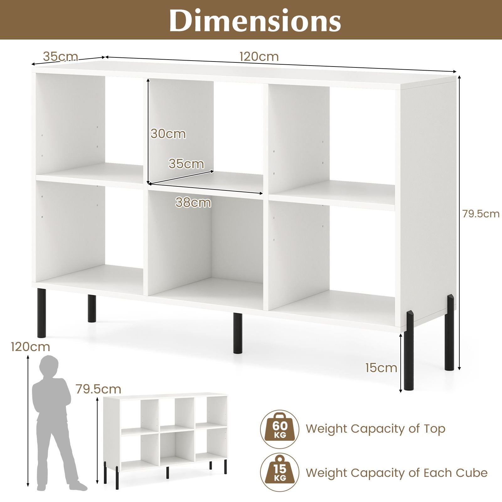 6-Cube Storage Bookcase Wooden Open Bookshelf with 5 Metal Legs