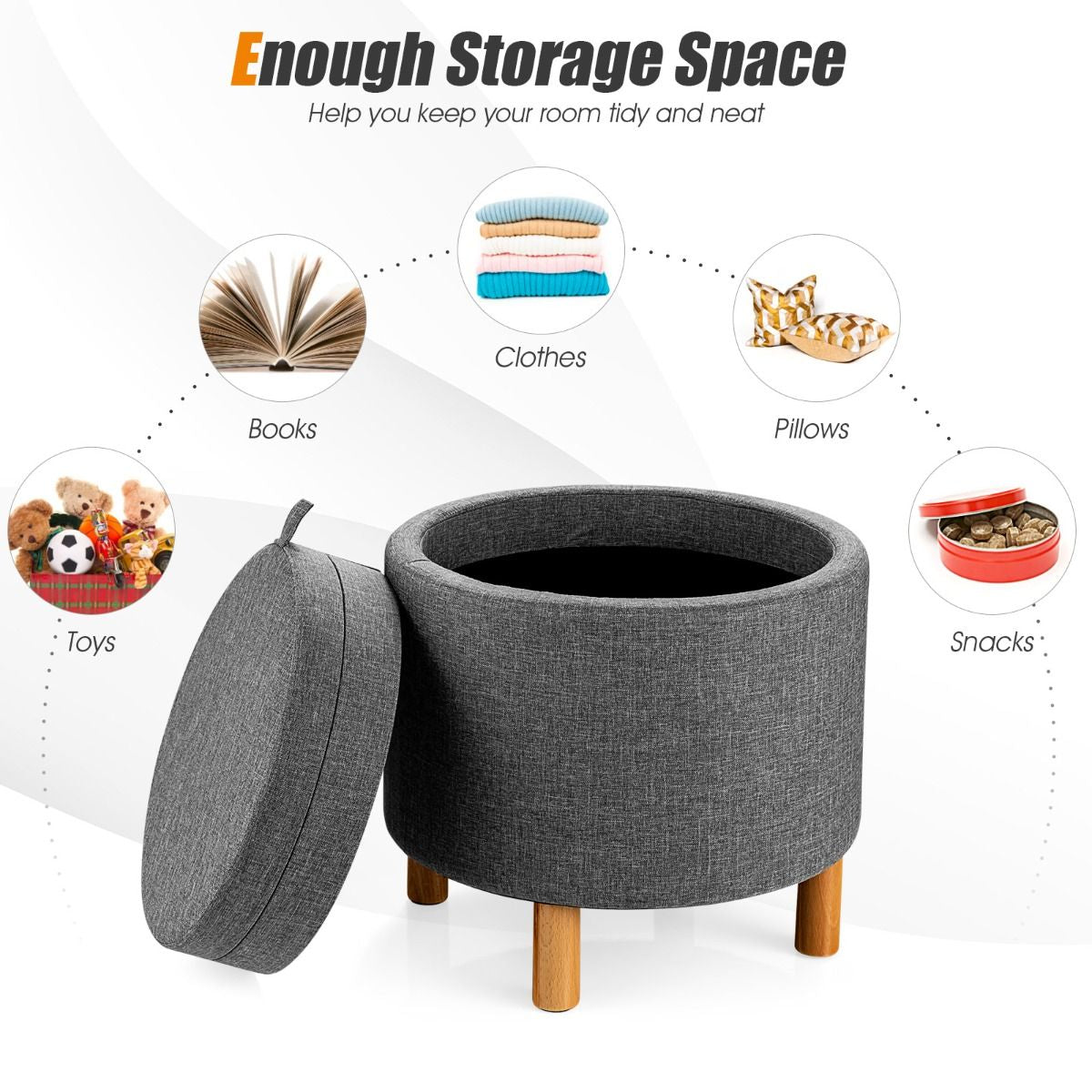 Contemporary Round Padded Ottoman with Concealed Storage Compartment